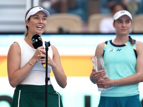 Danielle Collins of the United States addresses the fans after defeating Elena Rybakina of Kazakhstan in the Women's Final at Hard Rock Stadium on March 30, 2024 in Miami Gardens, Fla.,