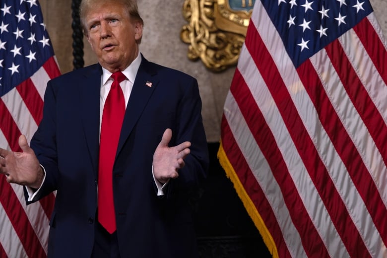 Donald Trump stands between two U.S. flags. 