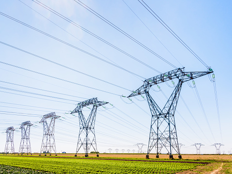 Dozens of electricity pylons in the countryside under a clear blue sky.