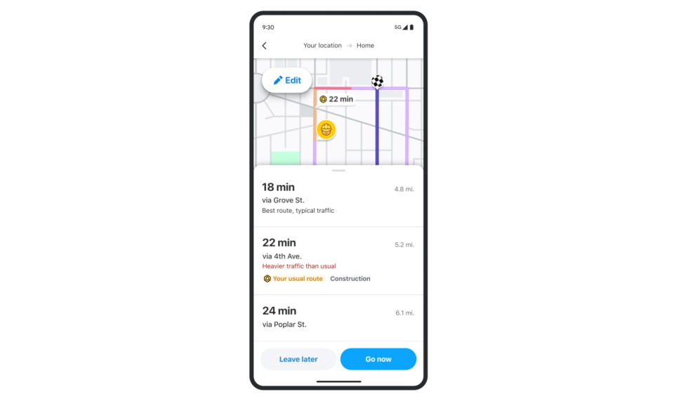 Screenshot from the Waze app. A list of possible routes — including the user's usual favorite — with times it takes to arrive (18, 22 and 24 minutes for three possiblities).