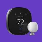 The Ecobee Smart Thermostat Premium against a purple background