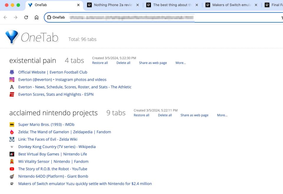 A screenshot of the browser extension OneTab.