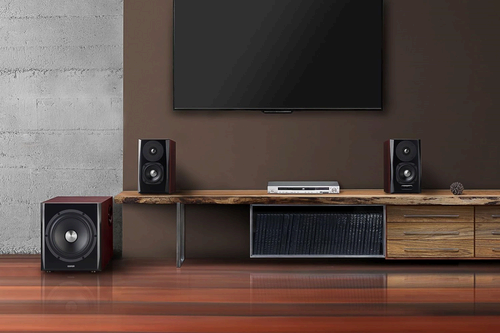 Edifier S350DB 2.1 system sitting on a shelf 