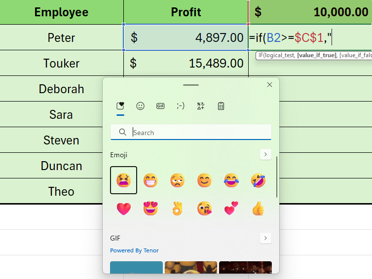 Emoji keyboard in Excel.