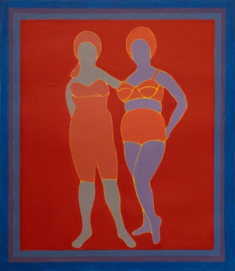 A painting of two faceless women, one with her arm around the other, wearing bathing suits, with a red background.