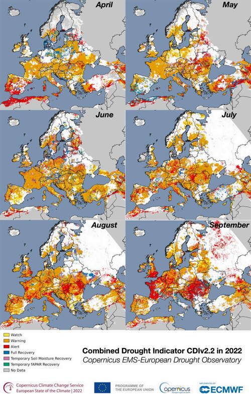 The Combined Drought Indicator—used to identify areas affected by agricultural drought, and areas with the potential to be affected—estimated for the first 10 days of each month from April to September 2022. 