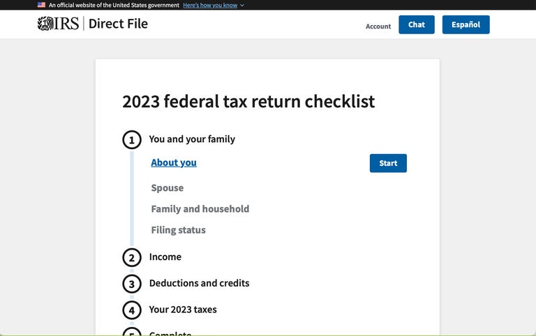 a screenshot of the IRS Direct File software showing the 2023 federal tax return checklist