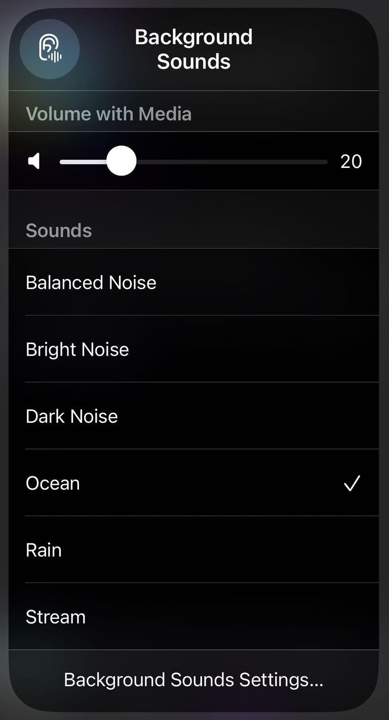 Background Sounds menu in Control Center