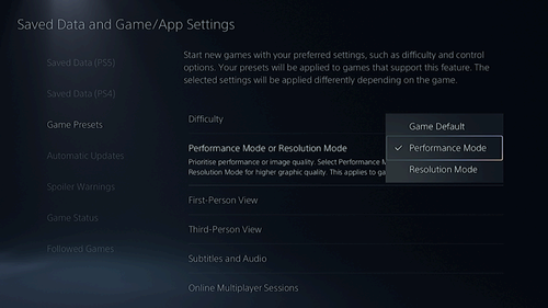 Choosing "Performance Mode" as a default setting for PS5 games.