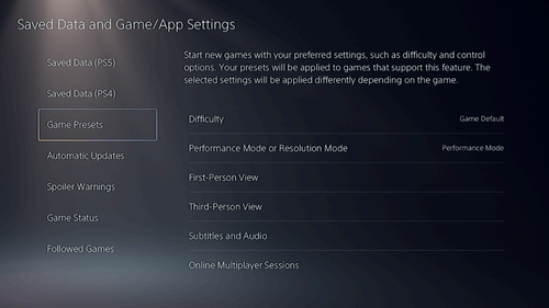 PlayStation 5 Game Presets options in the Settings.