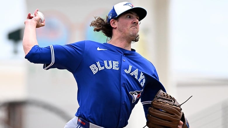 A Blue Jays starting pitcher delivers in the first inning of the team's final spring training game on March 25, 2024 against the hometown Pittsburgh Pirates at LECOM Park in Bradenton, Fla.