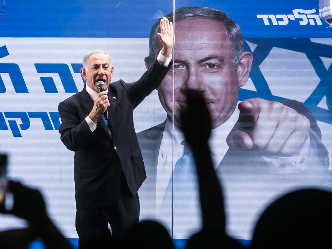 Israeli Prime Minister and Likud party leader Benjamin Netanyahu speaks to supporters on October 29, 2022 in Bnei Brak, Israel.