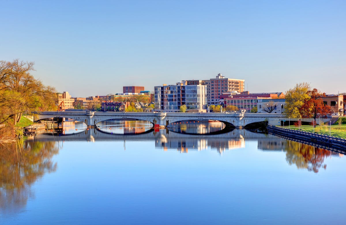 View of downtown South Bend, Indiana behind the La Salle Street Bridge.