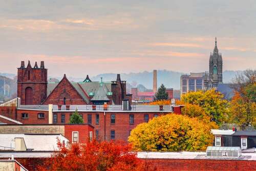 View of Reading, Pennsylvania skyline in autumn.