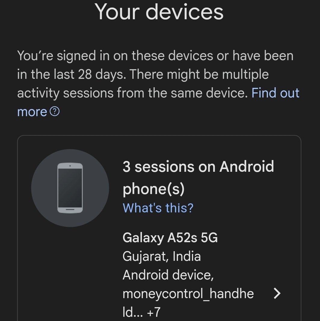 List of devices logged into Google as seen in the phone app.