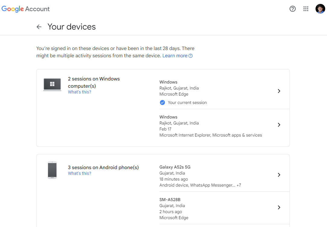 List of devices logged into your Google account accessed via the web version.