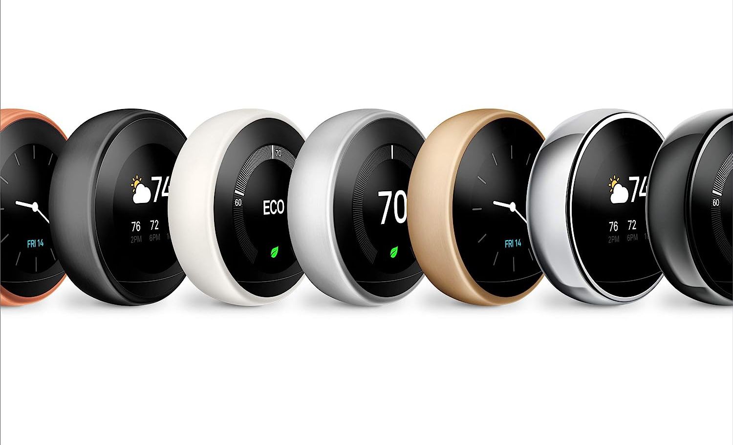 The different color options of the Google Nest Learning Thermostat. 