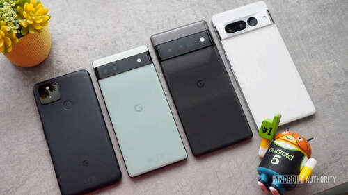 Google Pixel family with the Pixel 5, Pixel 6a, Pixel 6 Pro, and Pixel 7 Pro next to each other