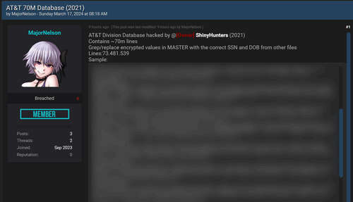 Post on hacking forum leaking alleged AT&T data from 2021 breach