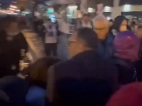 In a screengrab from video a couple trying to enter a restaurant in Yorkville for an event attended by Deputy Prime Minister Chrystia Freeland and cabinet minister Ya’ara Saks are harassed by pro-Hamas protesters.