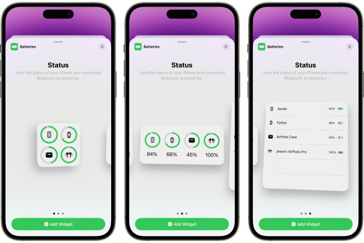 Three iPhones showing home screen Batteries widgets styles in iOS 17.