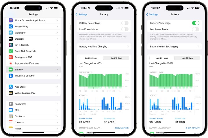 Three iPhones showing the steps to turn on Battery Percentage in the settings app.