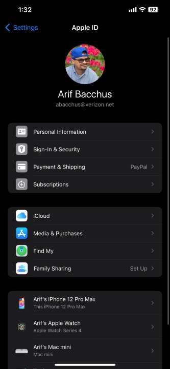 A screenshot of the Apple ID settings page on an iPhone