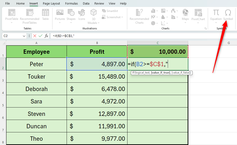 An Excel spreadsheet with a formula half-typed and the Symbol icon grayed out.