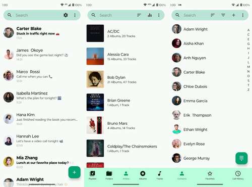 Screenshots of Phone, Music, and Contacts Fossify applications