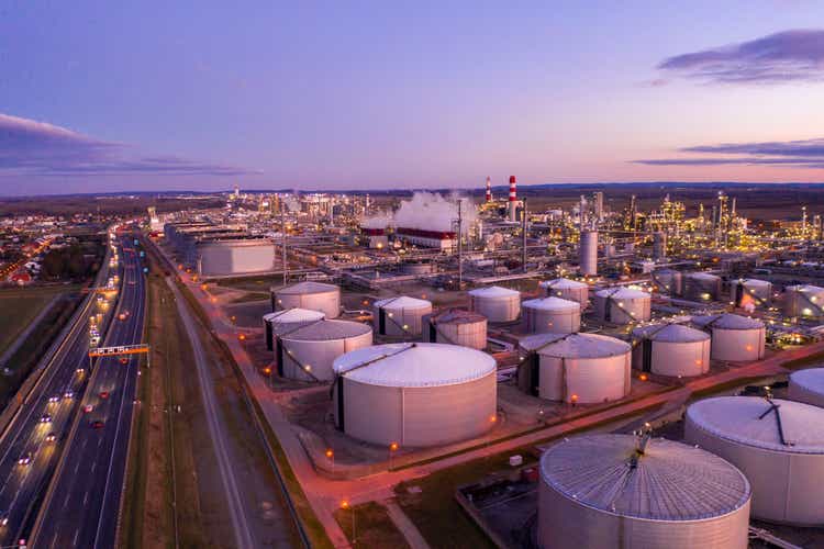 Aerial view of oil refinery at sunset.