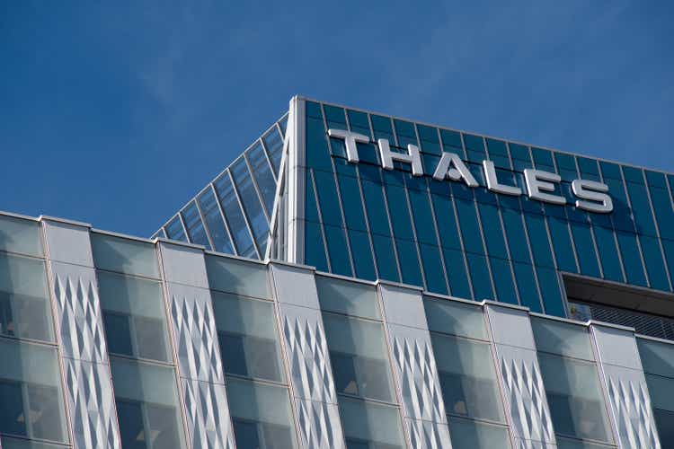 View of the top of the headquarters of the French electronics group Thales, in Paris-La Defense