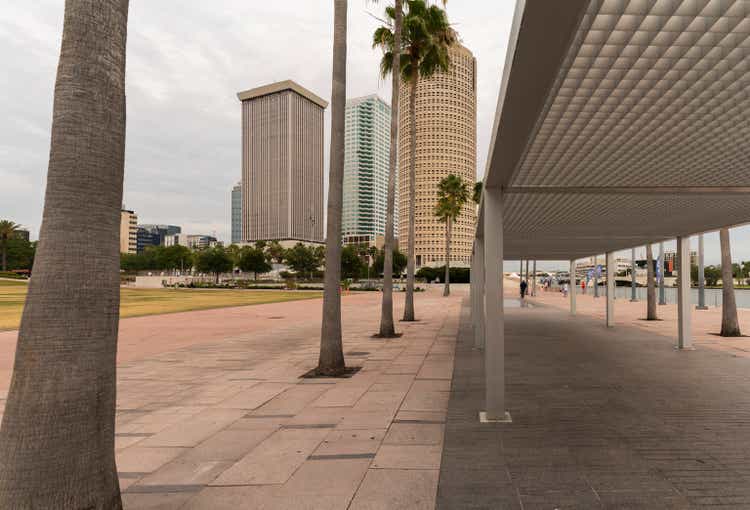 View of the Curtis Hixon Waterfront Park and Downtown Tampa Skyline with the Rivergate Tower from the embankment on a summer day. Extra-large, high-resolution stitched panorama.