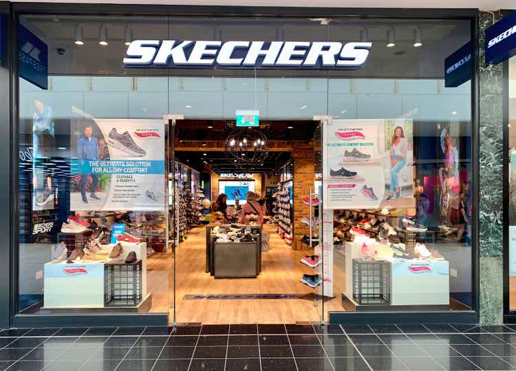 Facade of the Skechers footwear shop in the town center, Chelmsford, Essex, UK