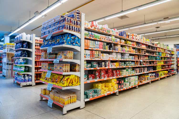 Variety of products on the different aisles and shelves at the supermarket