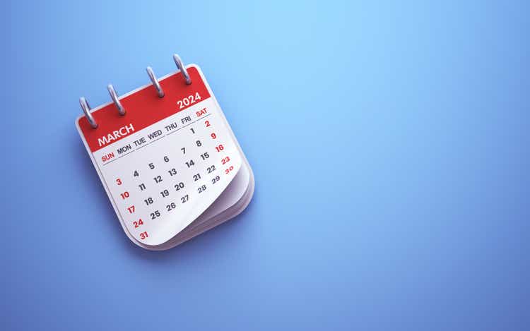 March 2024 Calendar on blue background, Desk Calendar