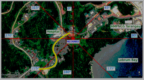 The truck road shown in yellow. The seismometer is at center.