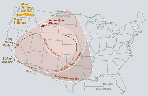 The two expansive regions within the dotted lines show where ash beds formed from two super-eruptions from the Yellowstone Plateau region over the past few million years.