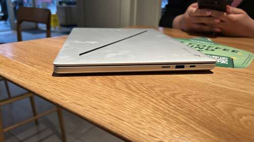 Asus ROG Zephyrus G14 on a table, showing off its ports