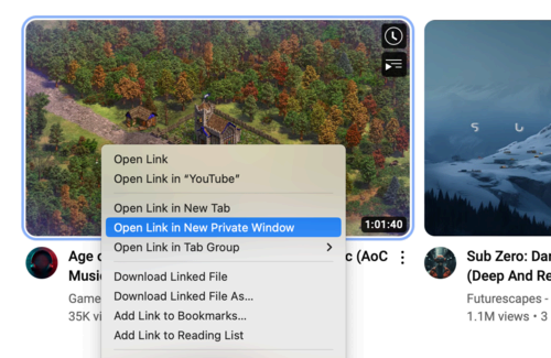 Opening a YouTube video in a private browsing window using Safari on a Mac.