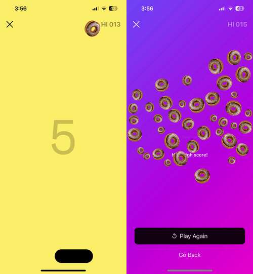 Two side-by-side screenshots of Instagram's hidden game. The first image depicts a donut emoji bouncing off a paddle. The second image depicts the game over screen.