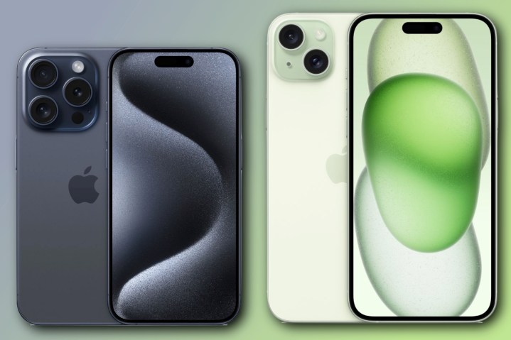 Renders of the iPhone 15 Pro and iPhone 15 Plus next to each other.