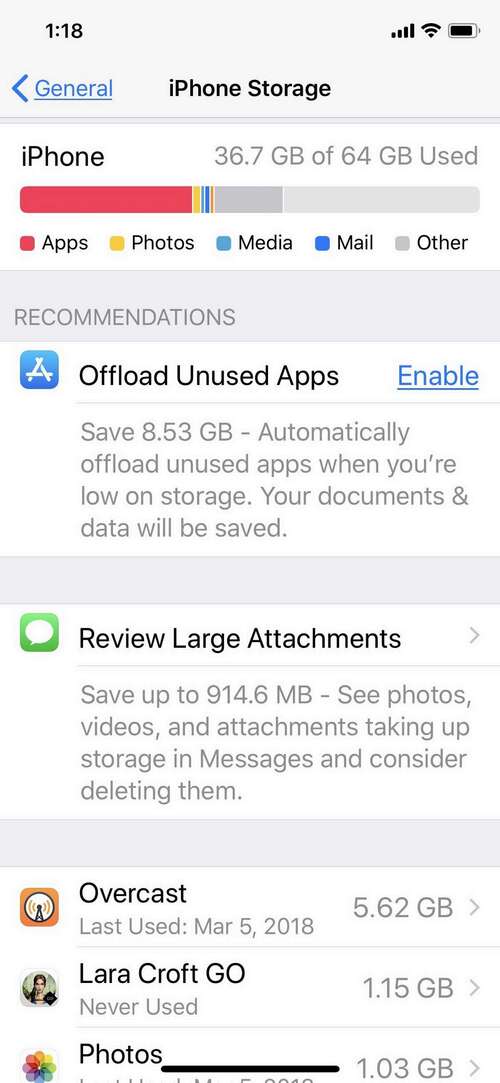 Screenshot of iPhone Storage contents