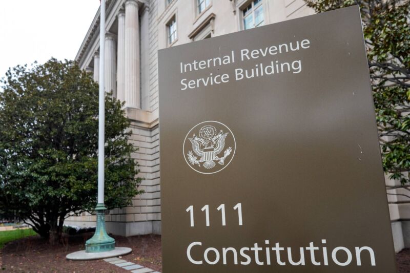 A sign outside the IRS headquarters displays the words 