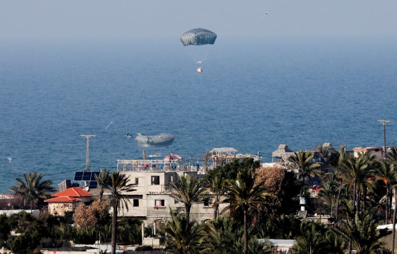Aid parcel attached to a parachute about to land over an urban area in Gaza, with ocean in view.