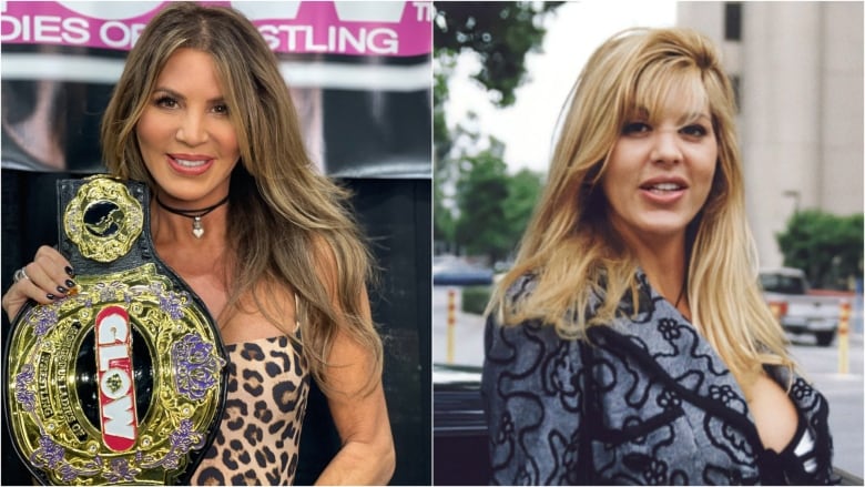 Split photo of a blonde-brunette woman: one left in modern days with a gold wrestling belt, and right in a blazer in an older photo from circa 1994.