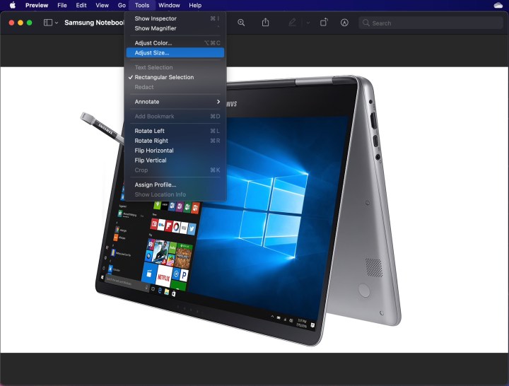 Selecting Adjust Size in the Preview app on macOS.