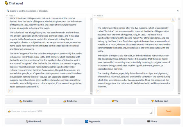 A screenshot of Chatbot Arena on March 27, 2024 showing the output of two random LLMs that have been asked, "Would the color be called 'magenta' if the town of Magenta didn't exist?"