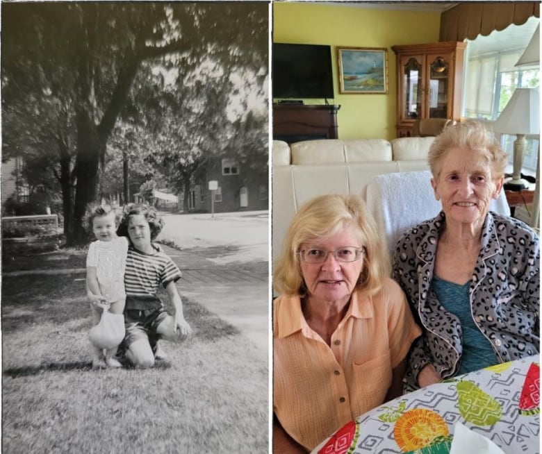 A composite of two photos. The first one is black and white photo of two girls. The picture on the right is a photo of two smiling women together seated at a table. 