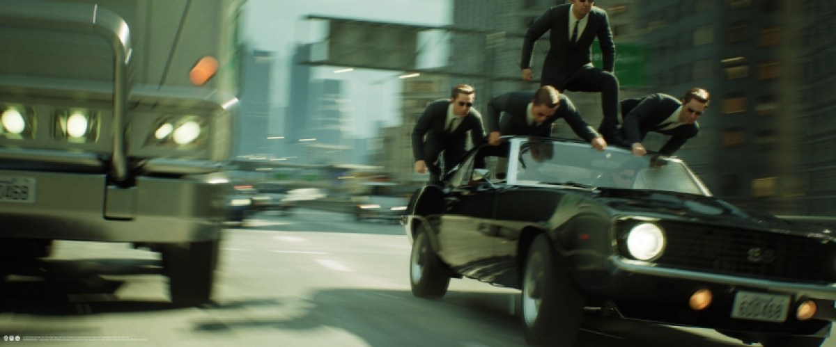 Agent Smiths in a car chase in the Unreal Engine 5 demo.