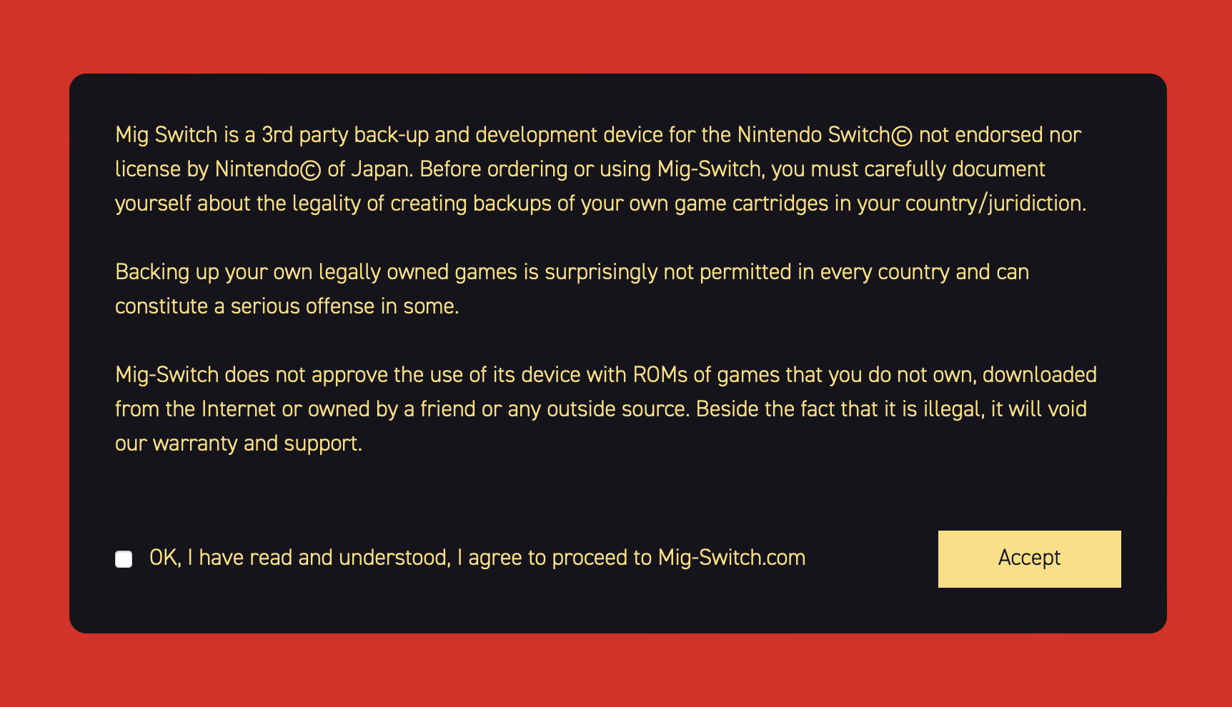 The disclaimer on the MiG Switch website.